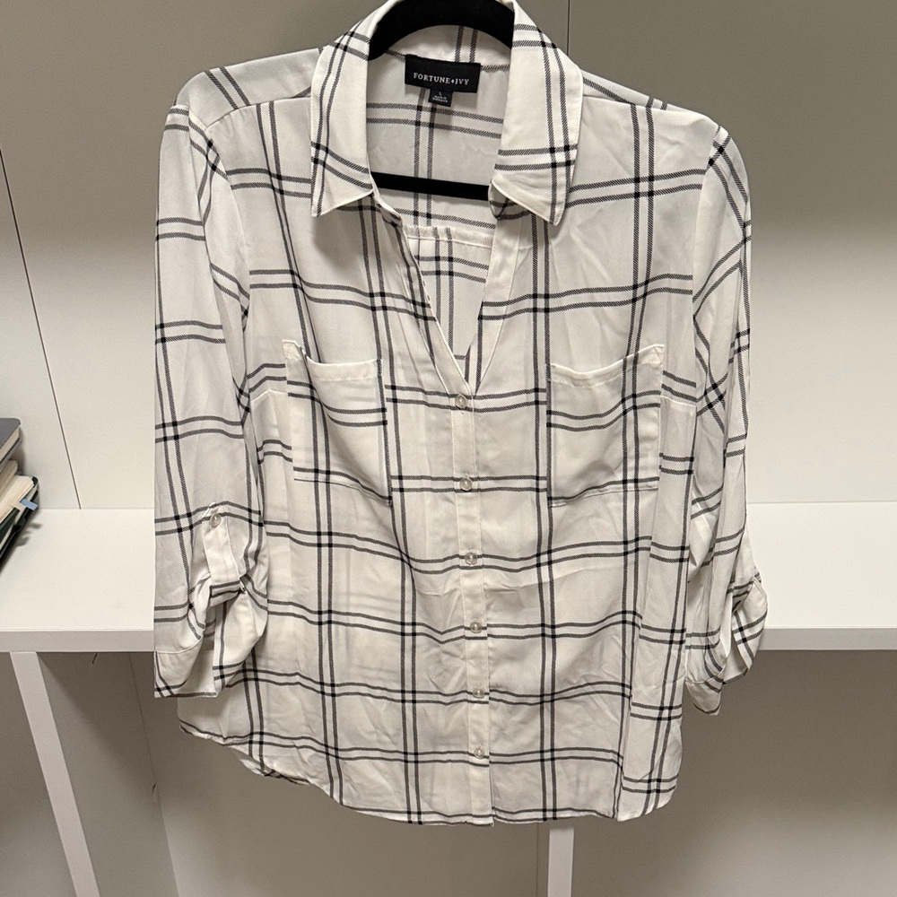 White and Black Windowpane Button-Up Shirt by Fortune & Ivy